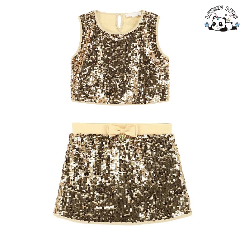 LEZONKIDS - Conjuntos de Roupas de Meninas Brilhantes Personalizadas Colete de Cor Dourada com Saia Conjuntos de Roupas de Meninas com Lantejoulas para 2-12T